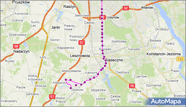 Mapa Polski Targeo, Autobus 727 - trasa METRO WILANOWSKA - GŁOSKÓW-SZKOŁA GS. ZTM Warszawa na mapie Targeo