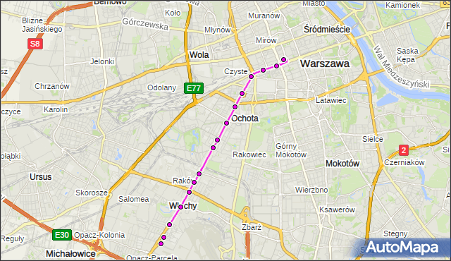 Mapa Polski Targeo, Autobus N38 - trasa DW.CENTRALNY - OKĘCIE. ZTM Warszawa na mapie Targeo