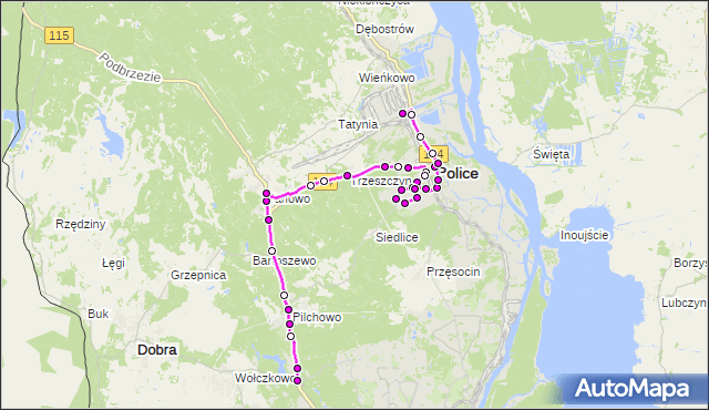 Mapa Polski Targeo, Autobus 103 - trasa Głębokie - Police Zakłady Chemiczne. ZDiTM Szczecin na mapie Targeo