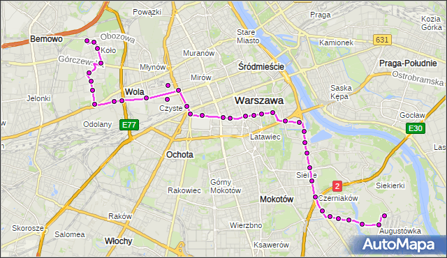 Mapa Polski Targeo, Autobus 159 - trasa EC SIEKIERKI - KOŁO. ZTM Warszawa na mapie Targeo