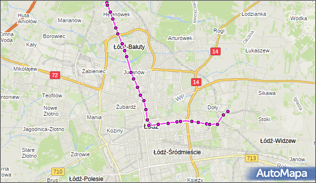 Mapa Polski Targeo, Tramwaj 4 - trasa - ET-1. MPKLodz na mapie Targeo