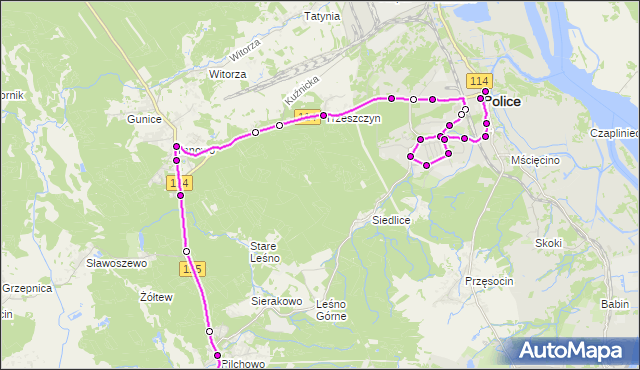 Mapa Polski Targeo, Autobus 103 - trasa Głębokie - Police Rynek. ZDiTM Szczecin na mapie Targeo