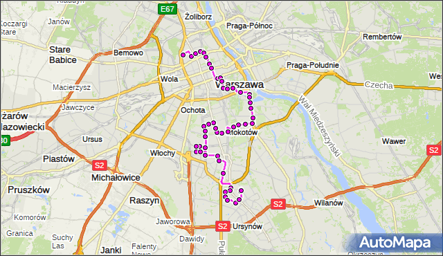 Mapa Polski Targeo, Autobus 107 - trasa ESPERANTO - URSYNÓW PŁN.. ZTM Warszawa na mapie Targeo