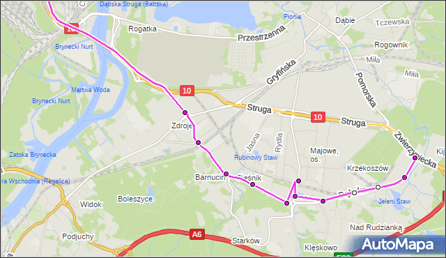 Mapa Polski Targeo, Autobus 54 - trasa Kijewo - Basen Górniczy. ZDiTM Szczecin na mapie Targeo