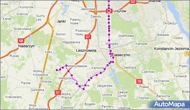 Mapa Polski Targeo, Autobus 727 - trasa CM.POŁUDNIOWY-BRAMA PŁD. AN - METRO WILANOWSKA. ZTM Warszawa na mapie Targeo