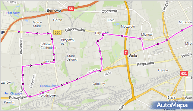Mapa Polski Targeo, Autobus N42 - trasa DW.CENTRALNY - OS.GÓRCZEWSKA. ZTM Warszawa na mapie Targeo