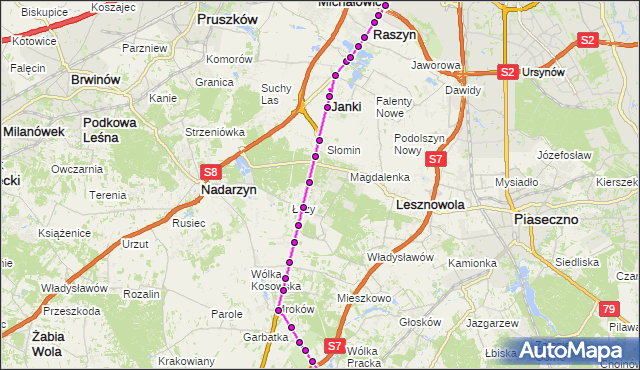 Mapa Polski Targeo, Autobus 728 - trasa ZŁOTOKŁOS ZŁ - OKĘCIE. ZTM Warszawa na mapie Targeo