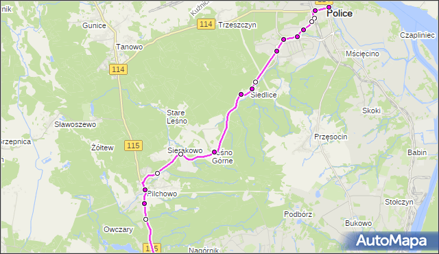 Mapa Polski Targeo, Autobus 106 - trasa Police Rynek - Głębokie. ZDiTM Szczecin na mapie Targeo