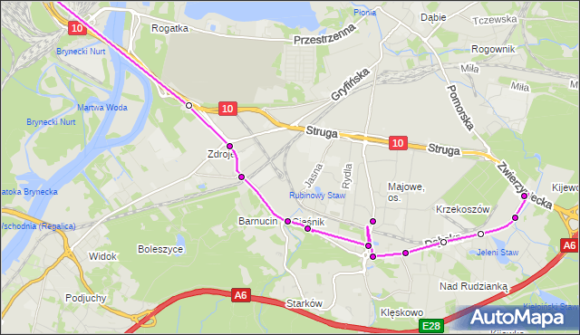 Mapa Polski Targeo, Autobus 54 - trasa Basen Górniczy - Kijewo. ZDiTM Szczecin na mapie Targeo