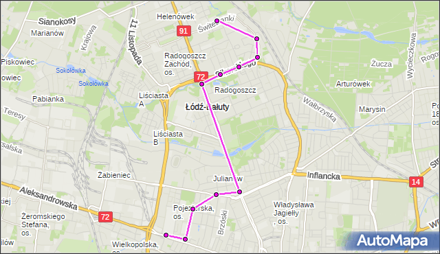 Mapa Polski Targeo, Autobus 59 - trasa Świtezianki - zajezdnia LIMANOWSKIEGO. MPKLodz na mapie Targeo