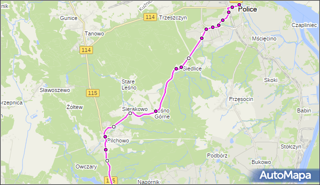 Mapa Polski Targeo, Autobus 106 - trasa Głębokie - Police Rynek. ZDiTM Szczecin na mapie Targeo