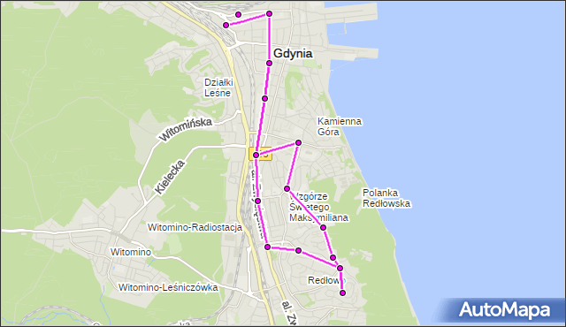 Mapa Polski Targeo, Autobus 133 - trasa Armii Krajowej - Gdynia Dworzec Gł. PKP. ZKMGdynia na mapie Targeo