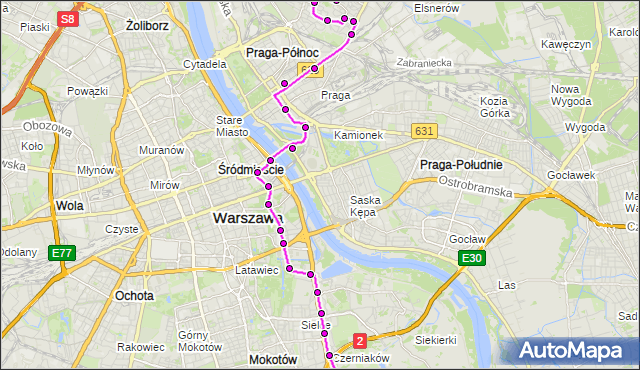 Mapa Polski Targeo, Autobus 162 - trasa EC SIEKIERKI - TARGÓWEK. ZTM Warszawa na mapie Targeo
