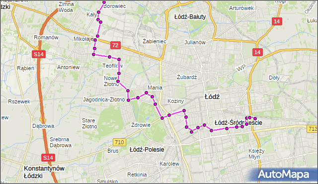 Mapa Polski Targeo, Autobus 83 - trasa Szczecińska (cmentarz) - Wydawnicza. MPKLodz na mapie Targeo