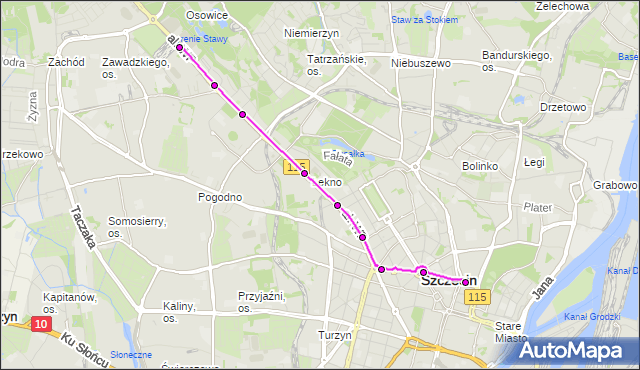 Mapa Polski Targeo, Tramwaj 10 - trasa Plac Rodła - Zajezdnia Pogodno. ZDiTM Szczecin na mapie Targeo