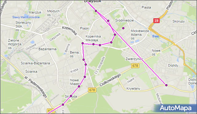 Mapa Polski Targeo, Autobus 10 - trasa DWORZEC - KLEOSIN/REYMONTA(742)(nr inw. 742). BKM na mapie Targeo