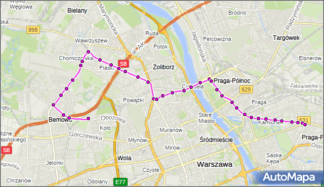 Mapa Polski Targeo, Tramwaj 28 - trasa KOŁO - WIATRACZNA. ZTM Warszawa na mapie Targeo