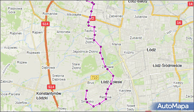 Mapa Polski Targeo, Autobus 76 - trasa Kusocińskiego - Szczecińska (cmentarz). MPKLodz na mapie Targeo