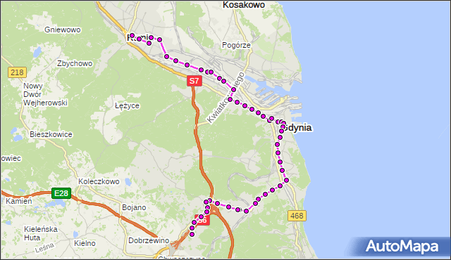Mapa Polski Targeo, Autobus N30 - trasa Dąbrowskiego - Most - Kacze Buki. ZKMGdynia na mapie Targeo