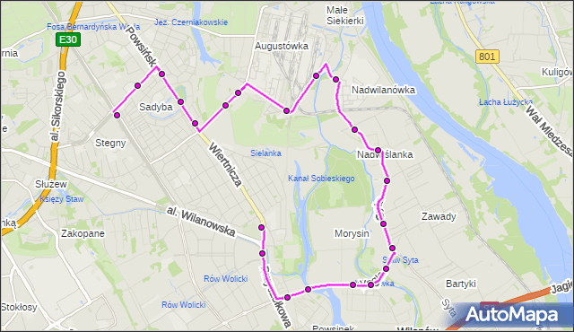 Mapa Polski Targeo, Autobus 163 - trasa WILANÓW - ŚW.BONIFACEGO. ZTM Warszawa na mapie Targeo