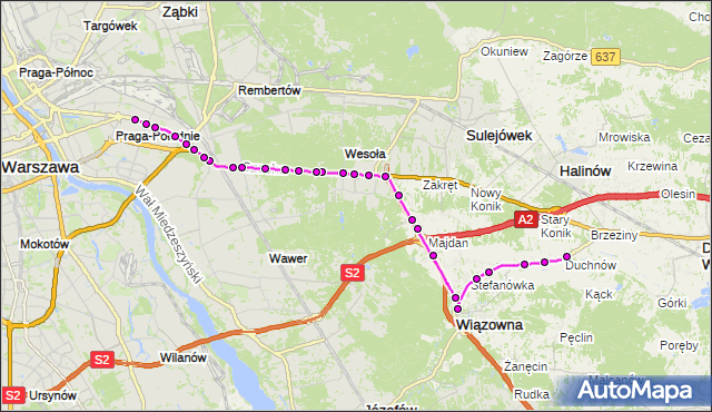 Mapa Polski Targeo, Autobus 730 - trasa DUCHNÓW DU - WIATRACZNA. ZTM Warszawa na mapie Targeo