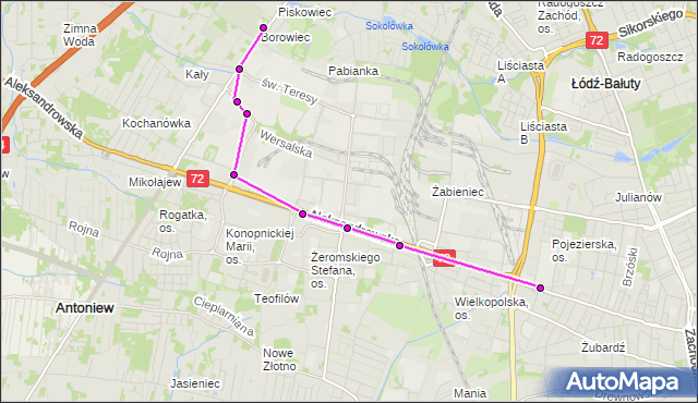 Mapa Polski Targeo, Autobus 83 - trasa Szczecińska (cmentarz) - zajezdnia LIMANOWSKIEGO. MPKLodz na mapie Targeo