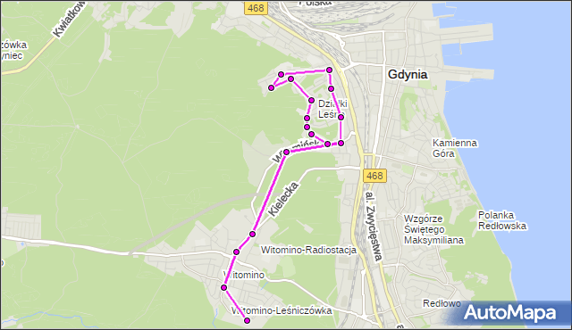 Mapa Polski Targeo, Autobus 203 - trasa Stawna - Witomino Leśniczówka. ZKMGdynia na mapie Targeo