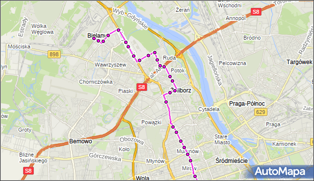 Mapa Polski Targeo, Autobus N46 - trasa METRO MŁOCINY - DW.CENTRALNY. ZTM Warszawa na mapie Targeo