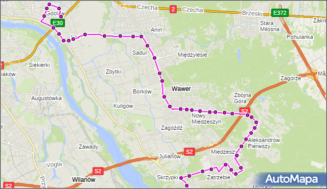 Mapa Polski Targeo, Autobus 213 - trasa BŁOTA - GOCŁAW. ZTM Warszawa na mapie Targeo