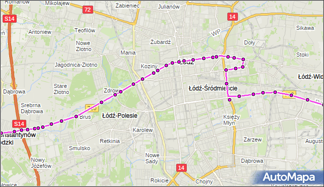 Mapa Polski Targeo, Tramwaj 9 - trasa Park Miejski (Konstantynów) - Augustów. MPKLodz na mapie Targeo