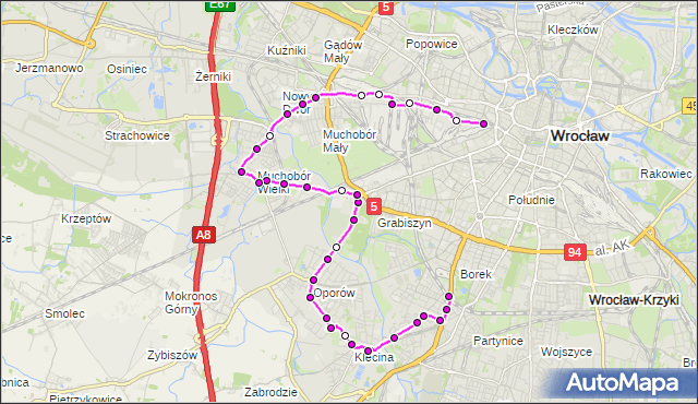 Mapa Polski Targeo, Autobus 107 - trasa KRZYKI - DW. ŚWIEBODZKI. MPKWroclaw na mapie Targeo