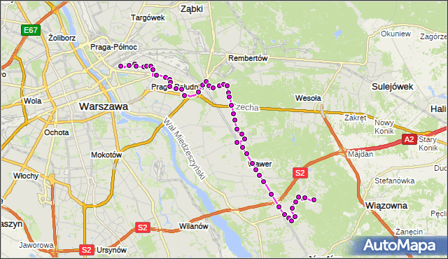 Mapa Polski Targeo, Autobus 115 - trasa DW.WSCHODNI (LUBELSKA) - ALEKSANDRÓW. ZTM Warszawa na mapie Targeo