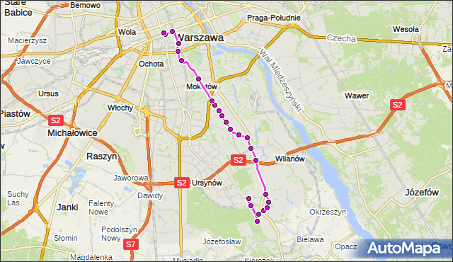 Mapa Polski Targeo, Autobus 519 - trasa POWSIN-PARK KULTURY - DW.CENTRALNY. ZTM Warszawa na mapie Targeo