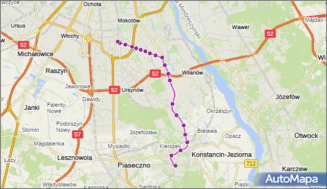 Mapa Polski Targeo, Autobus N50 - trasa SKOLIMÓW KJ - METRO WILANOWSKA. ZTM Warszawa na mapie Targeo