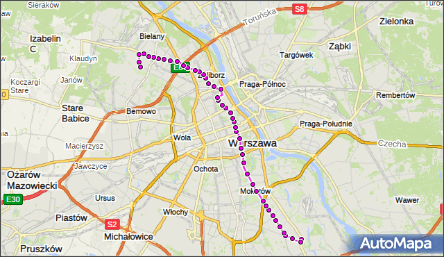 Mapa Polski Targeo, Autobus 116 - trasa WILANÓW - CHOMICZÓWKA. ZTM Warszawa na mapie Targeo