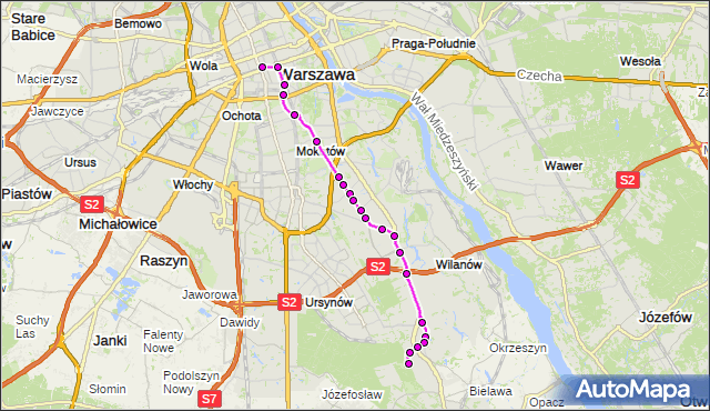 Mapa Polski Targeo, Autobus 519 - trasa DW.CENTRALNY - POWSIN-PARK KULTURY. ZTM Warszawa na mapie Targeo