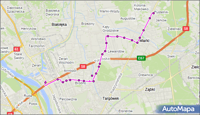 Mapa Polski Targeo, Autobus 732 - trasa ŻERAŃ FSO - PUSTELNIK MK. ZTM Warszawa na mapie Targeo