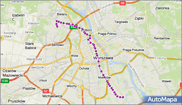 Mapa Polski Targeo, Autobus 116 - trasa CHOMICZÓWKA - WILANÓW. ZTM Warszawa na mapie Targeo