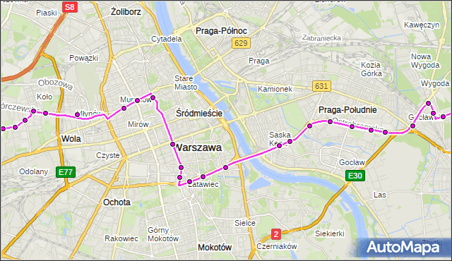Mapa Polski Targeo, Autobus 520 - trasa ZNANA - MARYSIN. ZTM Warszawa na mapie Targeo