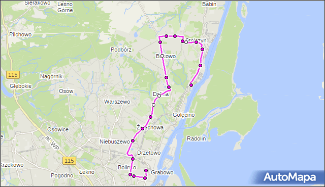 Mapa Polski Targeo, Autobus 58 - trasa Stocznia Szczecińska - Gocław. ZDiTM Szczecin na mapie Targeo