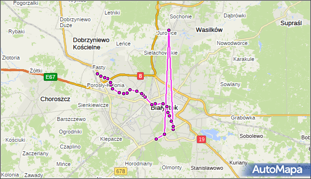 Mapa Polski Targeo, Autobus 7 - trasa STADION - FASTY/GIEŁDA (F)(719)(nr inw. 719). BKM na mapie Targeo