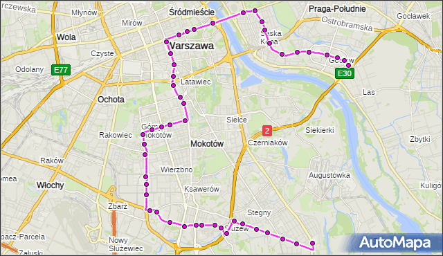 Mapa Polski Targeo, Autobus 117 - trasa GOCŁAW - WILANÓW. ZTM Warszawa na mapie Targeo