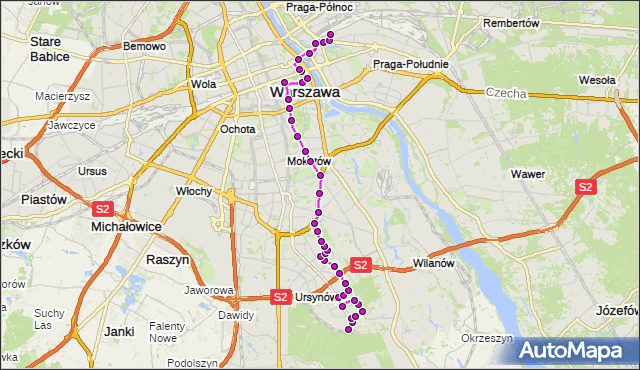 Mapa Polski Targeo, Autobus 166 - trasa KABATY-STP - DW.WSCHODNI (LUBELSKA). ZTM Warszawa na mapie Targeo