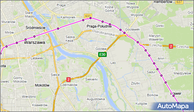 Mapa Polski Targeo, Autobus 521 - trasa SZCZĘŚLIWICE - FALENICA. ZTM Warszawa na mapie Targeo