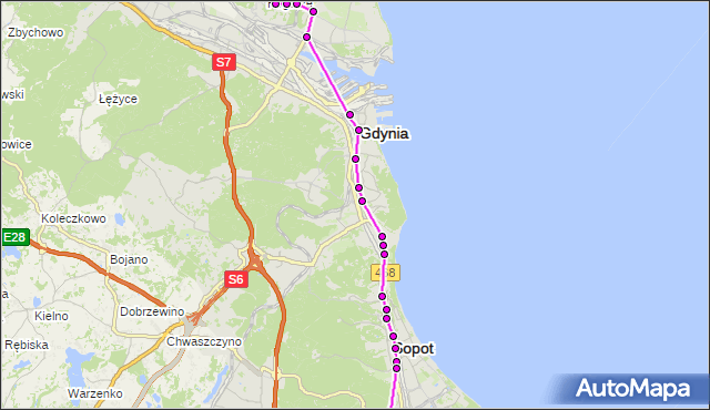 Mapa Polski Targeo, Autobus G - trasa Steyera - Oliwa ZOO. ZKMGdynia na mapie Targeo