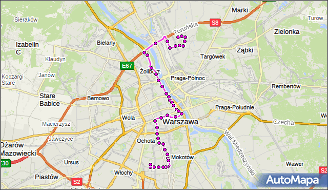 Mapa Polski Targeo, Autobus 118 - trasa SUWALSKA - SPARTAŃSKA. ZTM Warszawa na mapie Targeo