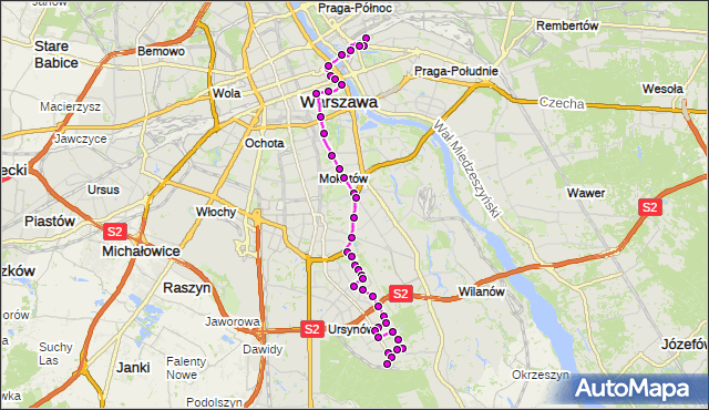 Mapa Polski Targeo, Autobus 166 - trasa DW.WSCHODNI (LUBELSKA) - KABATY-STP. ZTM Warszawa na mapie Targeo