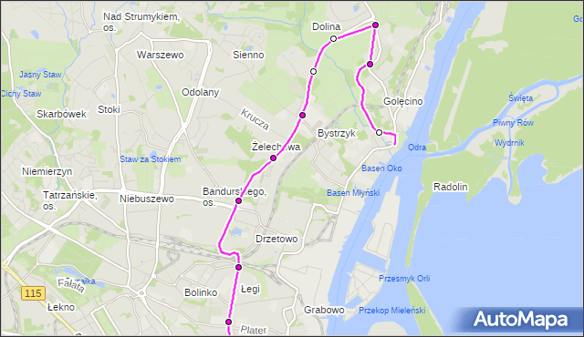 Mapa Polski Targeo, Autobus 59 - trasa Plac Rodła - Wiszesława. ZDiTM Szczecin na mapie Targeo