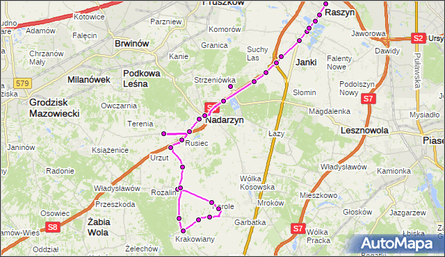 Mapa Polski Targeo, Autobus 733 - trasa MŁOCHÓW MŁ - OKĘCIE. ZTM Warszawa na mapie Targeo