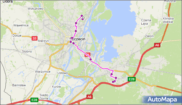 Mapa Polski Targeo, Autobus A - trasa Studzienna - Osiedle Bukowe. ZDiTM Szczecin na mapie Targeo